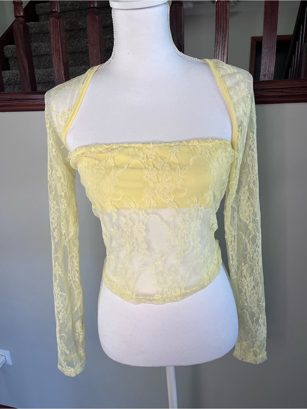 Shein Yellow Floral Lace Long Sleeve Crop Top Two Piece Illusion Open Back M